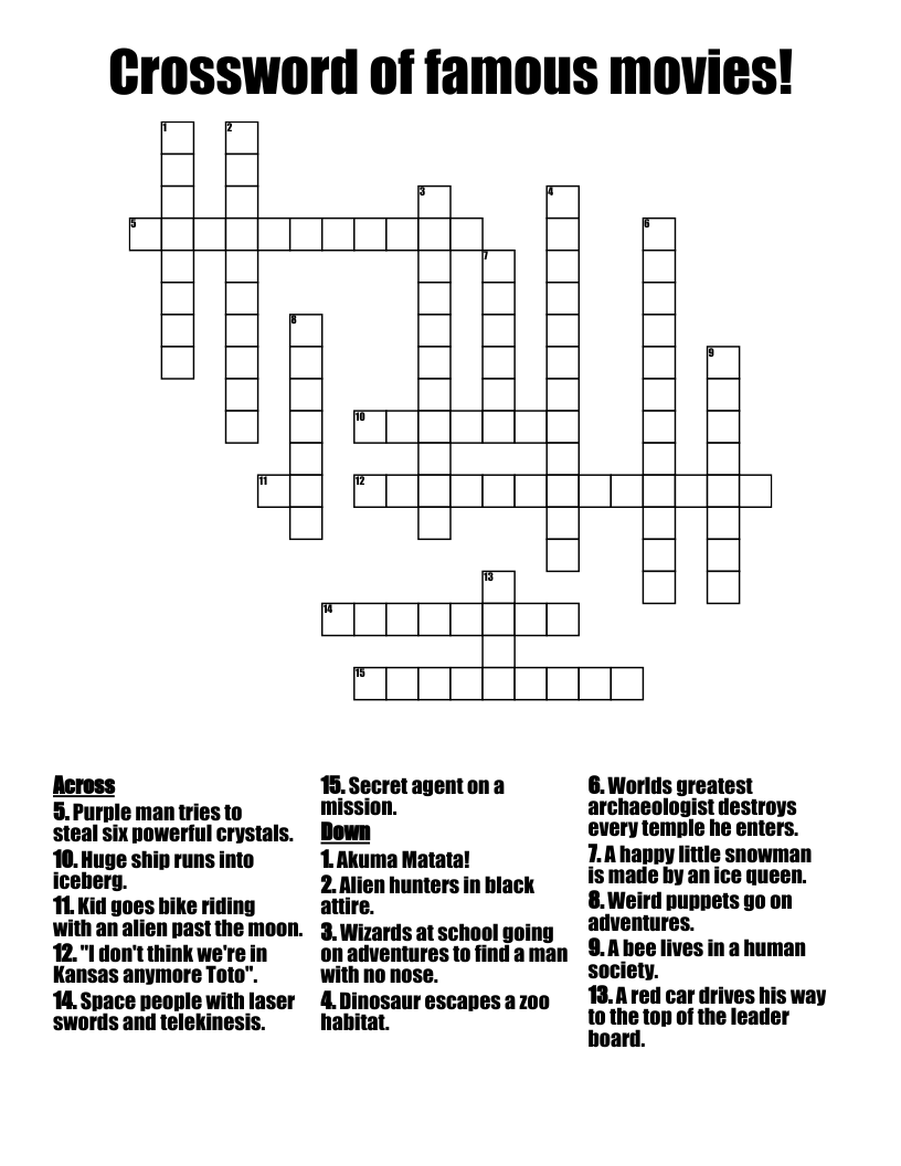 Crossword Of Famous Movies WordMint