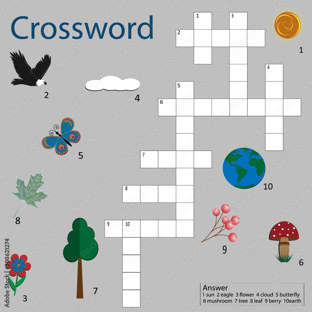 Crossword Puzzle Game For Children On The Theme Of Nature With Pictures Background Light Gray Vector Stock Vector Adobe Stock