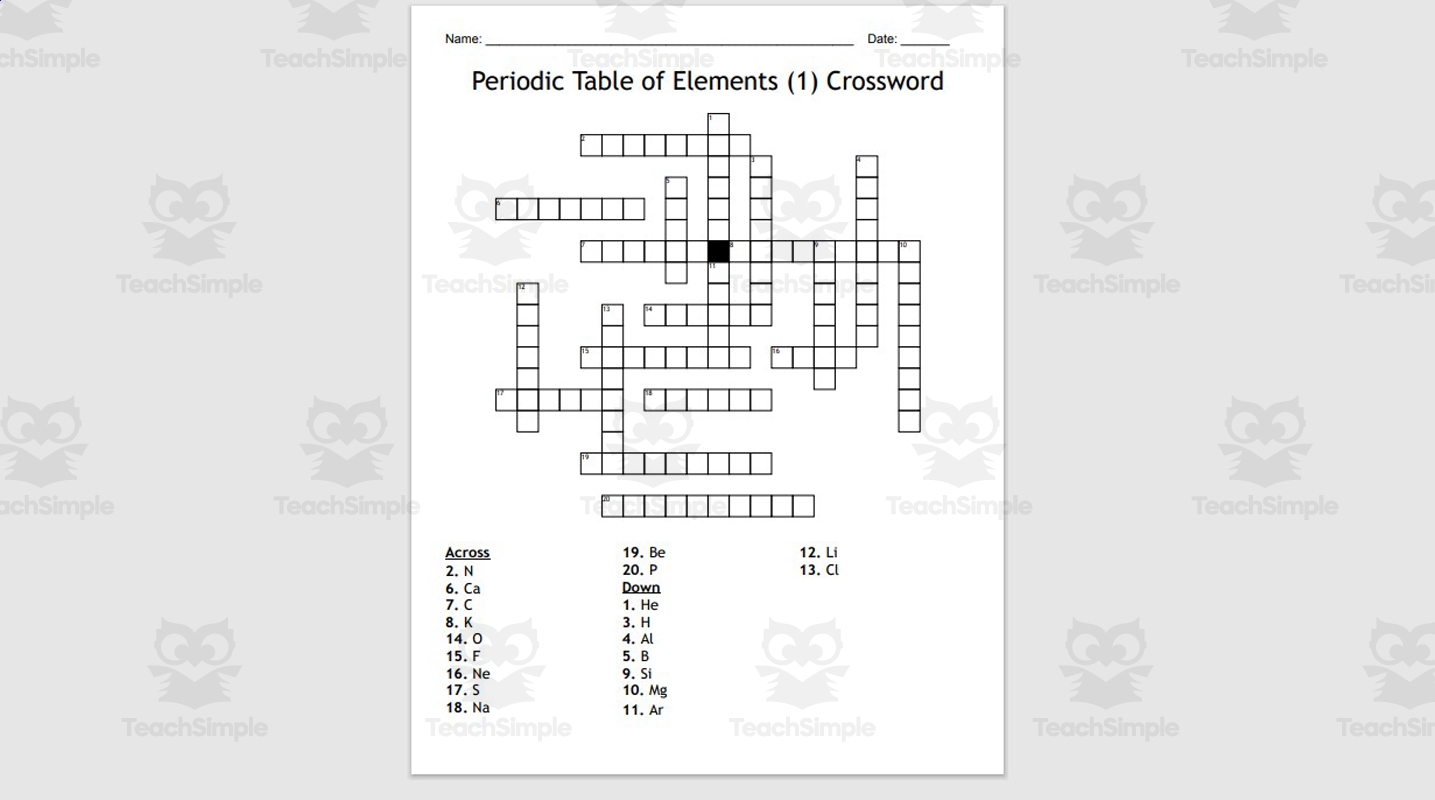 Crossword Puzzle Periodic Table Of Elements 1 By Teach Simple