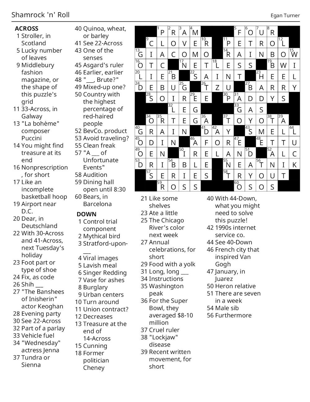 Crossword Solutions 03 12 2026 Shamrock n Roll The Middlebury Campus