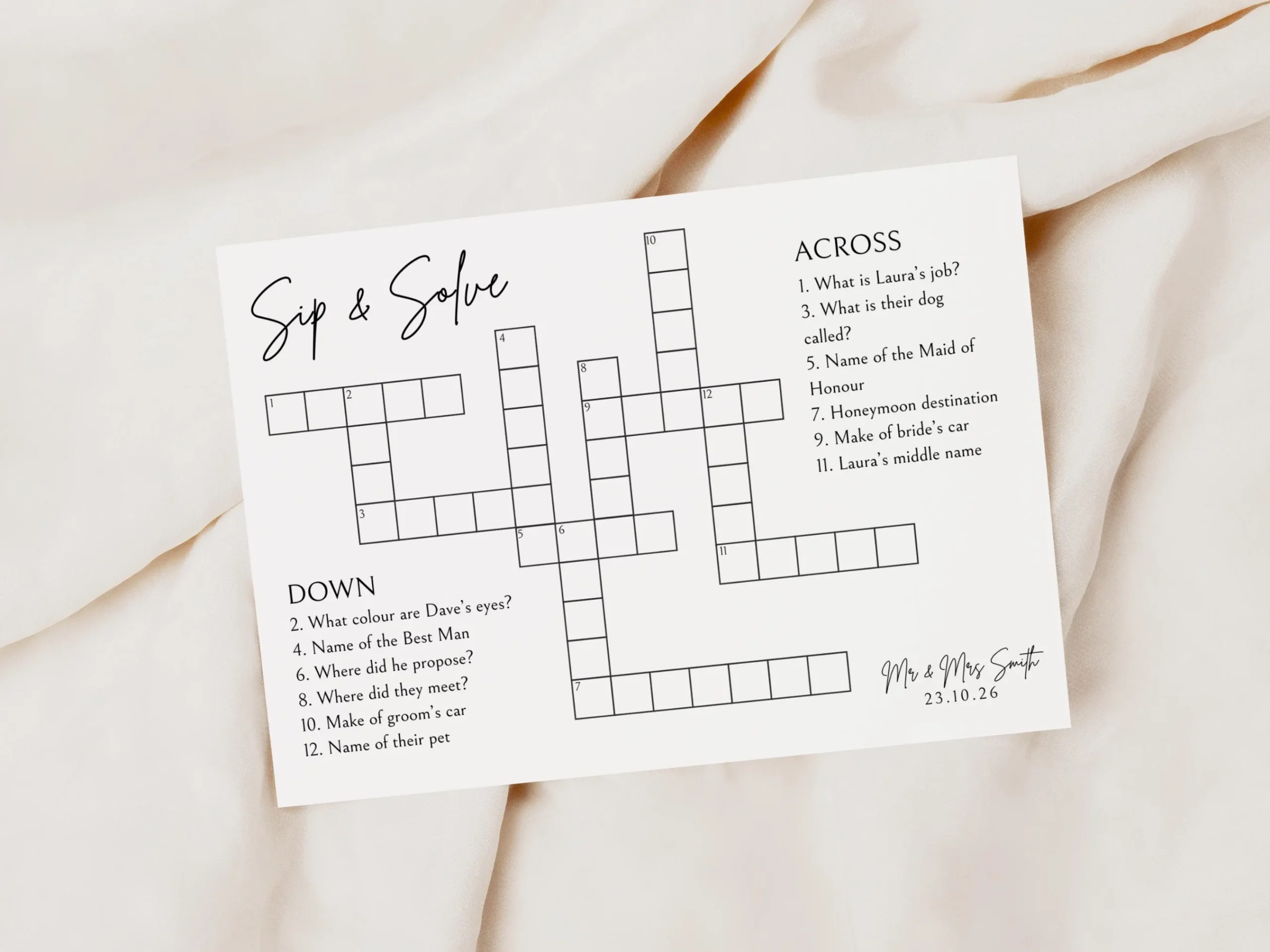 Custom Wedding Crossword Puzzle Sip And Solve Game PDF Etsy