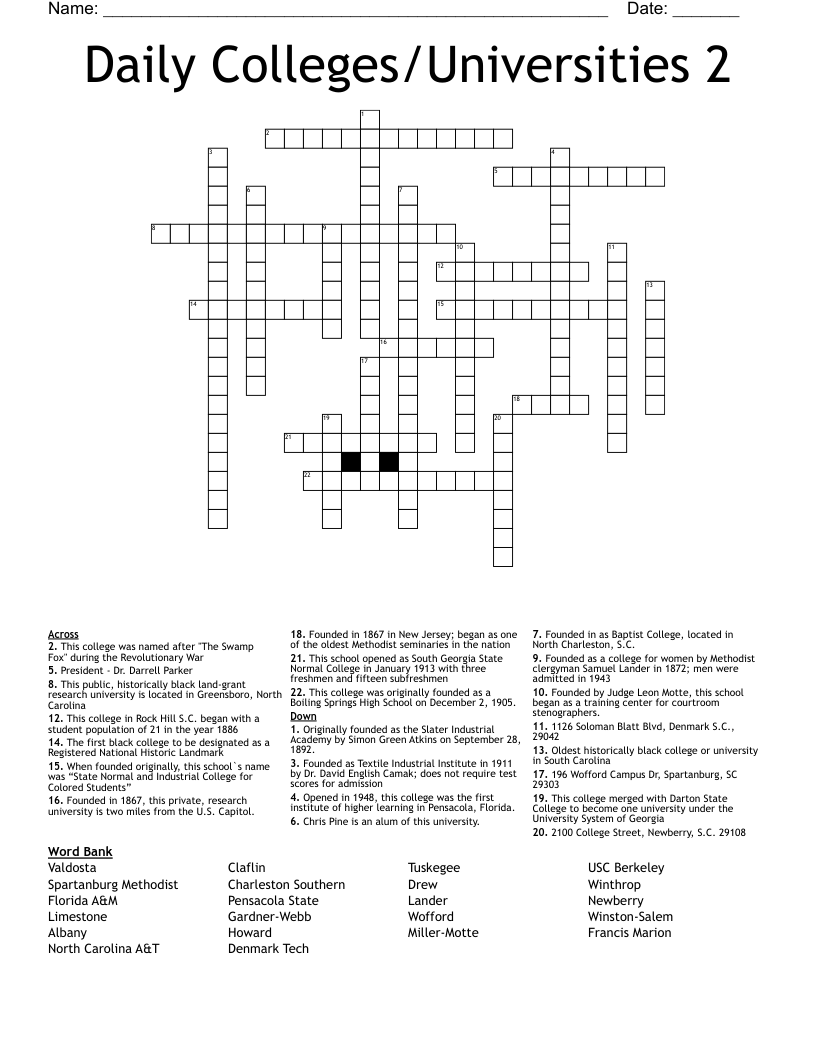 Daily Colleges Universities 2 Crossword WordMint
