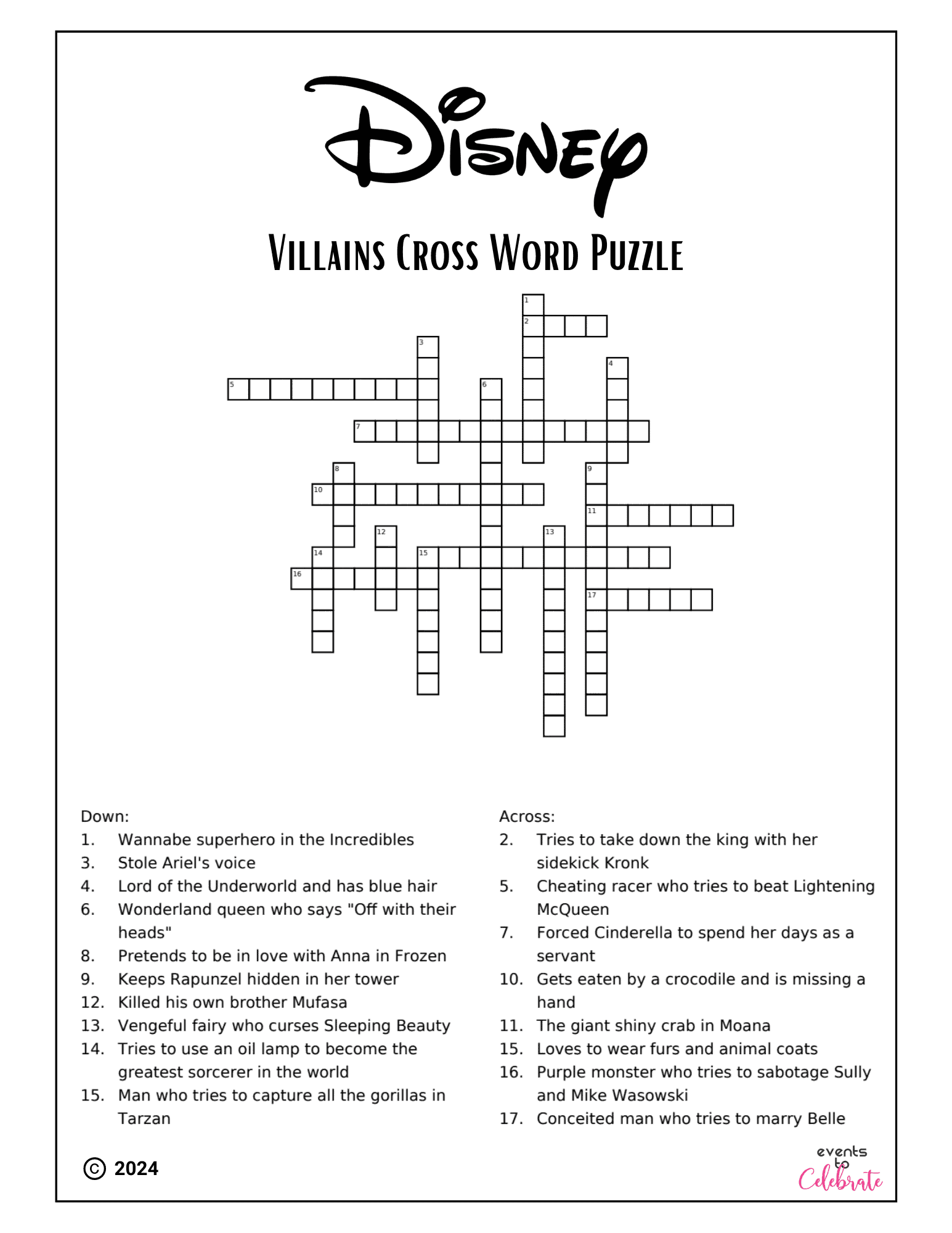 Disney Crossword Puzzles For Kids Villains And Heroes Party Ideas For Real People