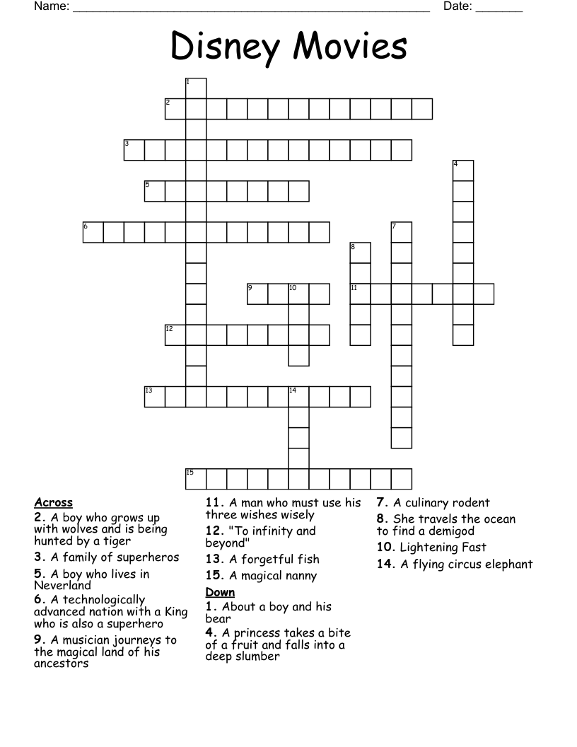 Disney Movies Crossword WordMint