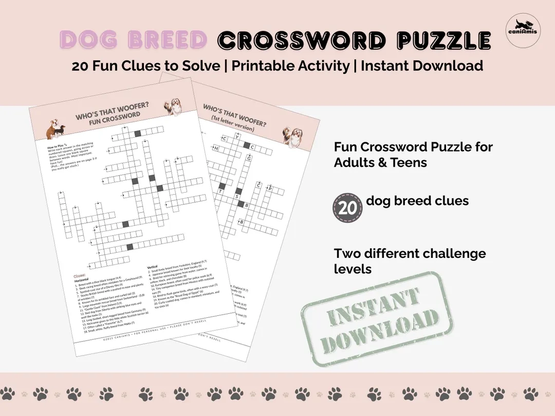 Dog Breed Crossword Puzzle Printable Activity 20 Fun Clues To Solve Instant Download PDF Etsy