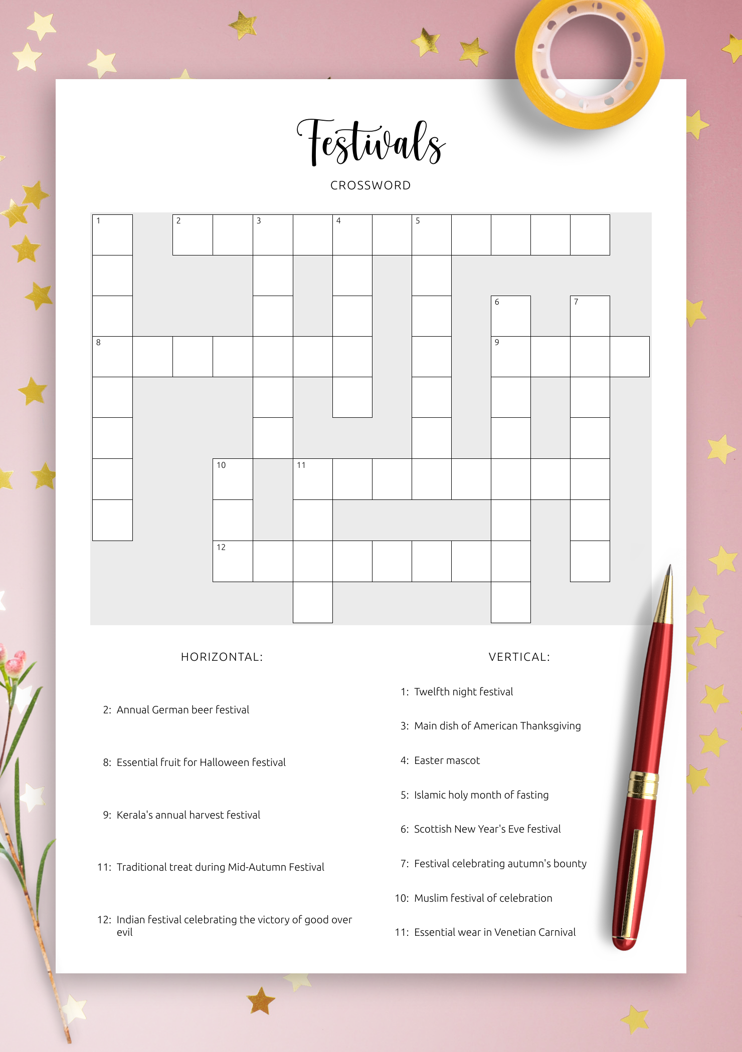 Download Printable Festivals Crossword Puzzle PDF Celebrate Global Festivities