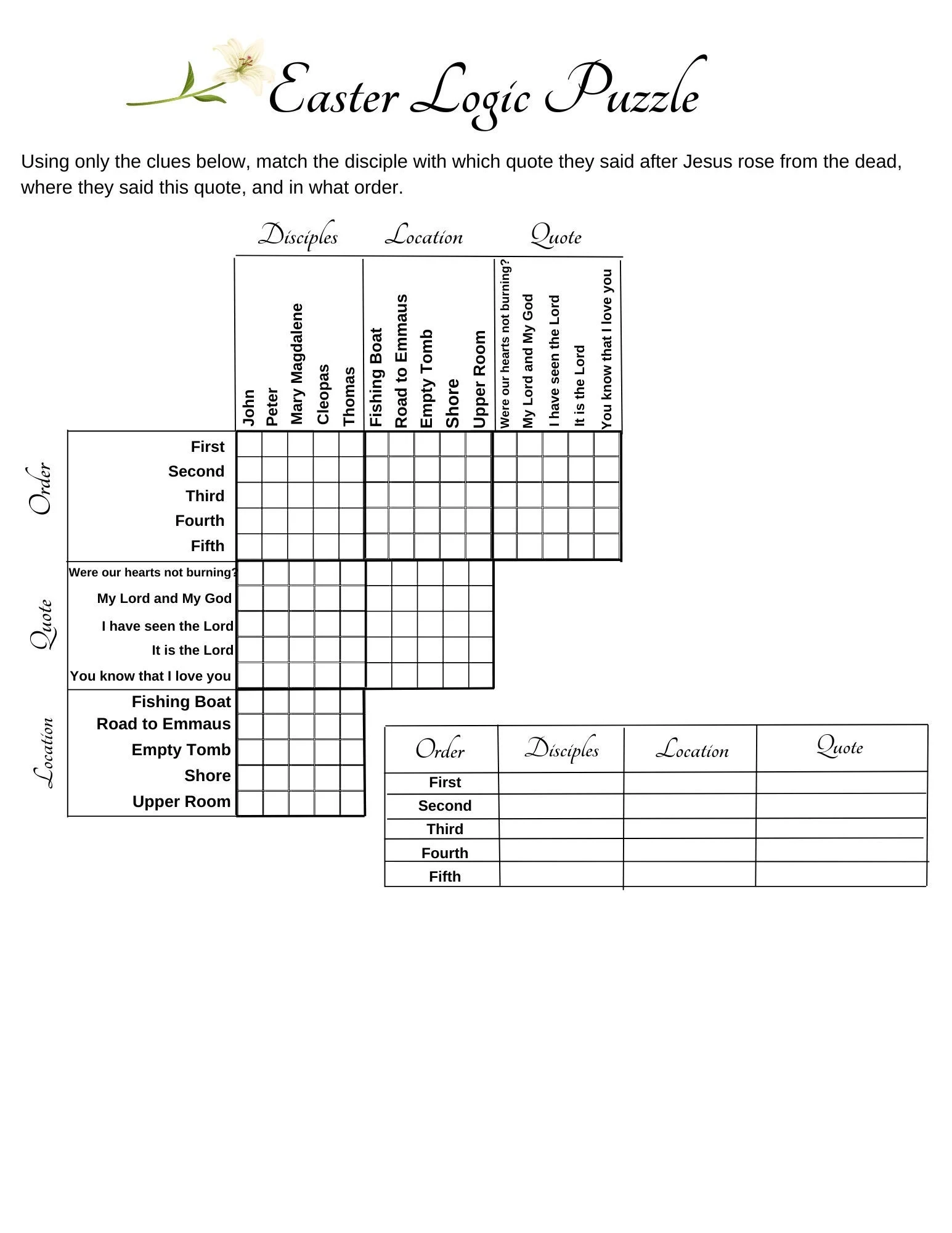Easter Logic Puzzle Christian Disciples Bible Game instant Download Etsy