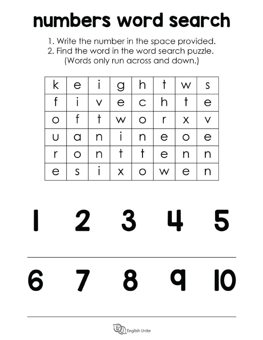 English Unite Numbers 1 10 Word Search Puzzle