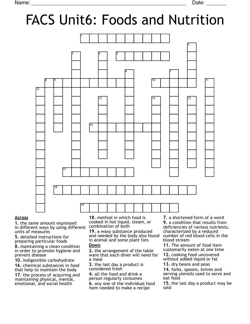 FACS Unit6 Foods And Nutrition Crossword WordMint