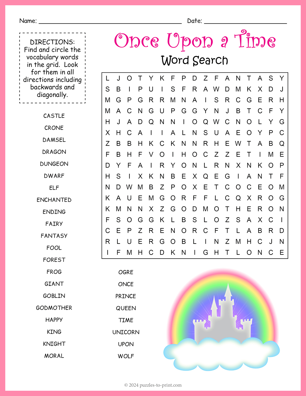 Fairytale Word Search Fairytale Word Search