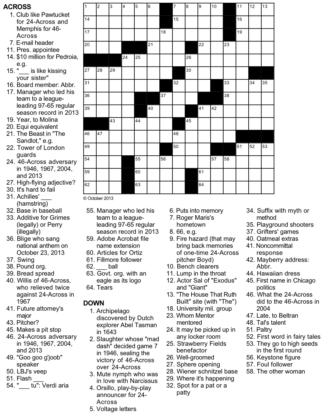 Fall Classic 2013 Crossword Puzzle Worksheets Library