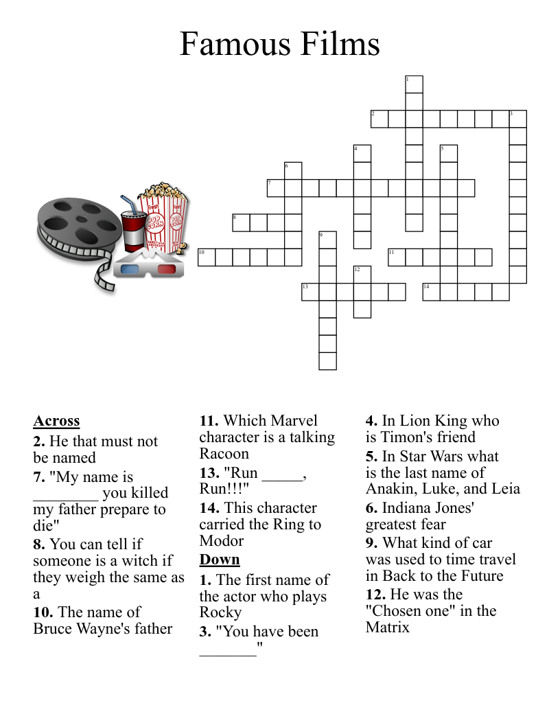 Famous Films Crossword WordMint Famous Films Crossword WordMint