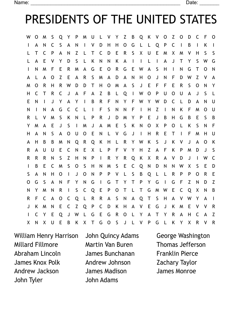 First 16 Presidents Of The United States Word Search WordMint
