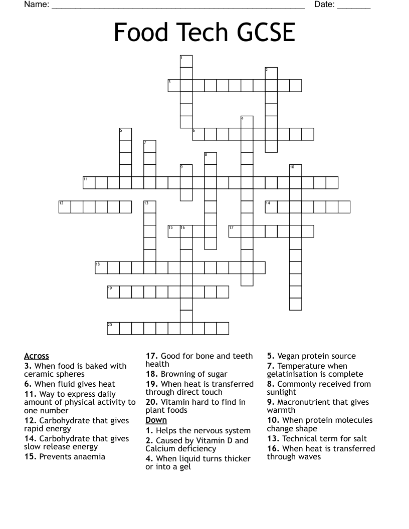 Food Tech GCSE Crossword WordMint Food Tech GCSE Crossword WordMint