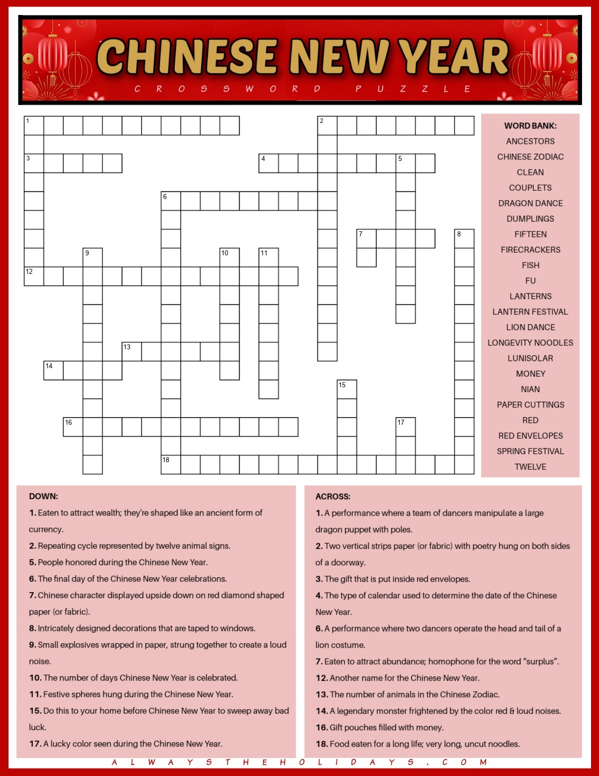 Free Chinese New Year Crossword Puzzle Printable JPG PDF 