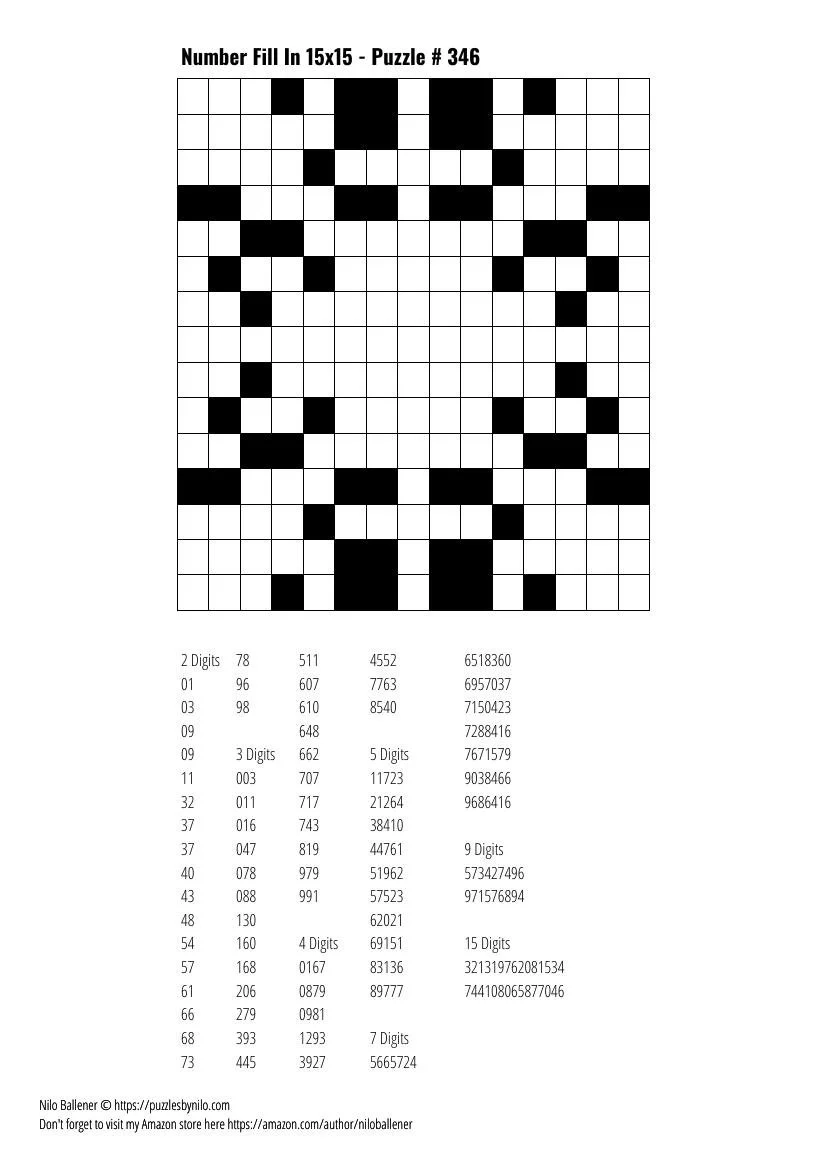 Free Downloadable Puzzle Number Fill In 15x15 346 Puzzles By Nilo