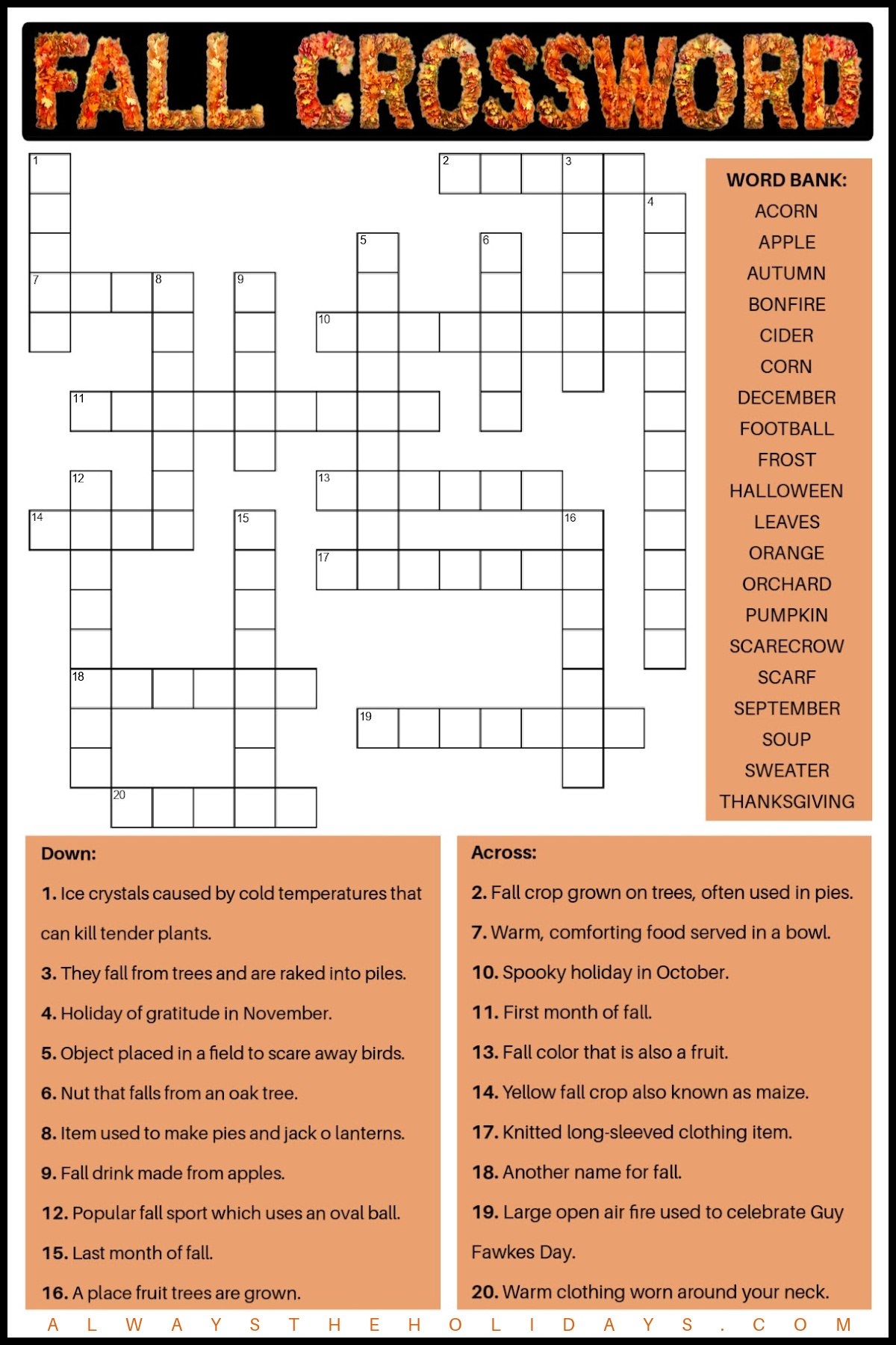 Free Fall Crossword Puzzle Printable With Answer Key Included