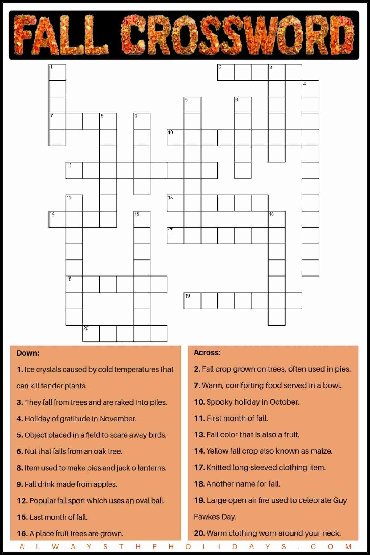 Free Fall Crossword Puzzle Printable With Answer Key Included