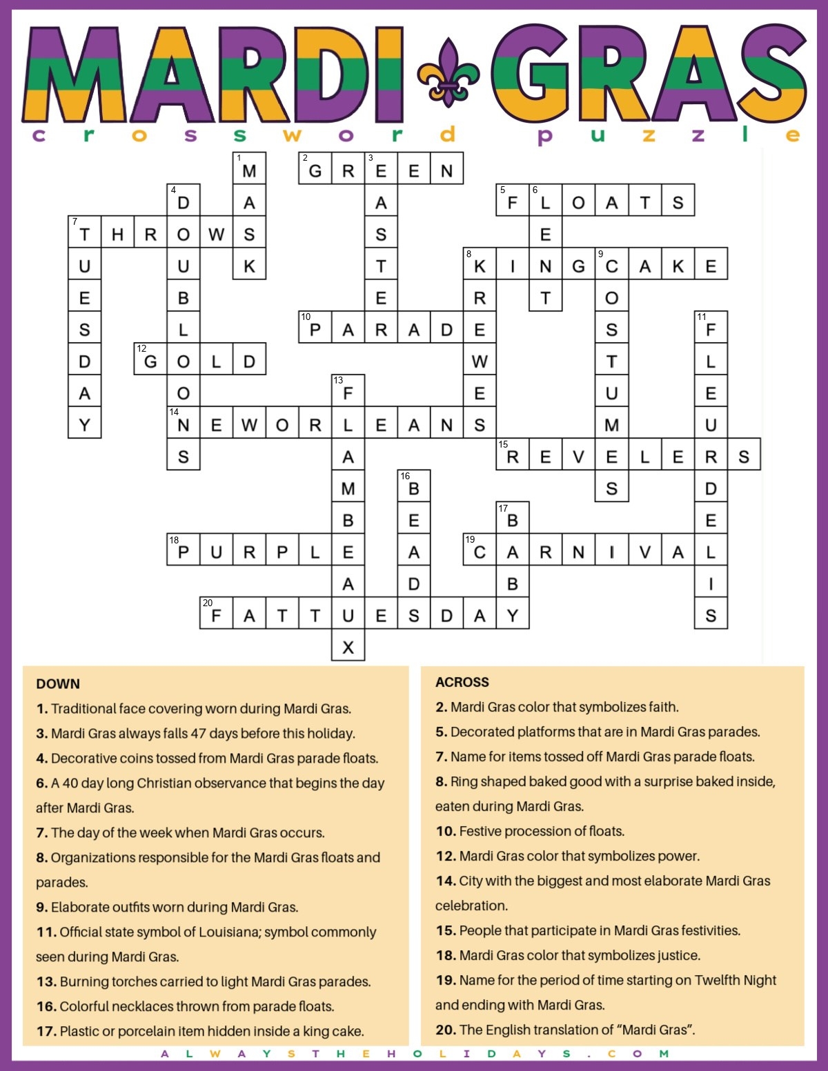Free Mardi Gras Crossword Puzzle Printable PDF JPG