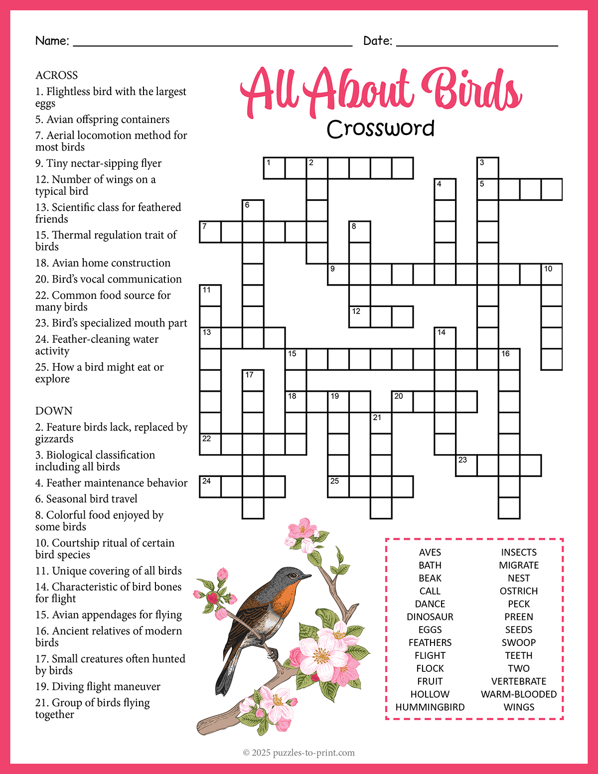 Free Printable All About Birds Crossword