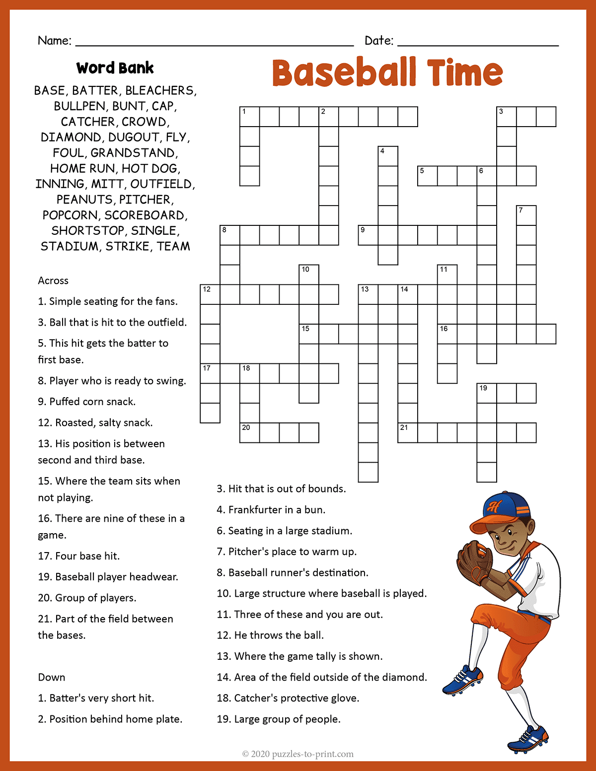 Free Printable Baseball Crossword Free Printable Baseball Crossword