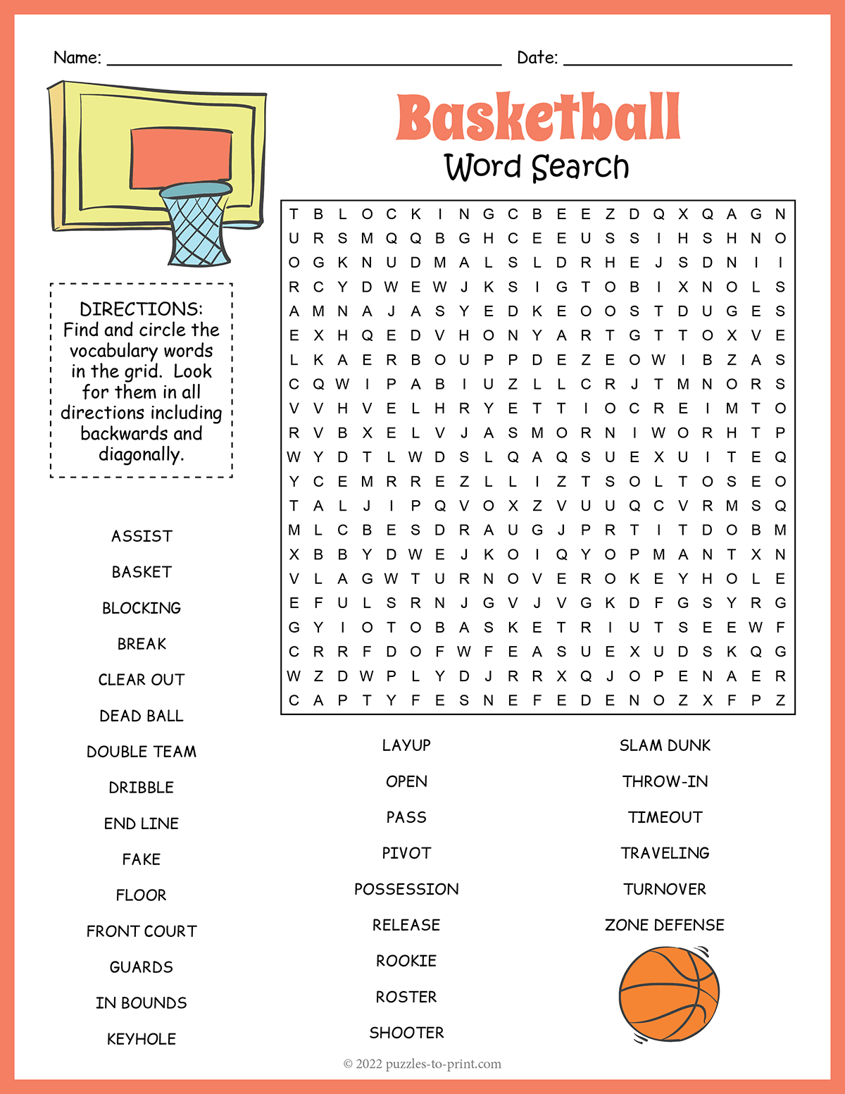 Free Printable Basketball Word Search
