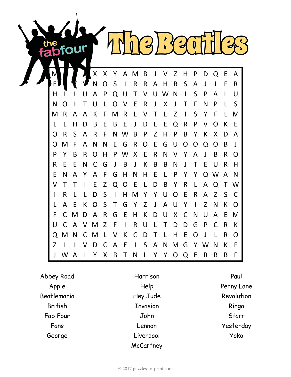 Free Printable Beatles Word Search