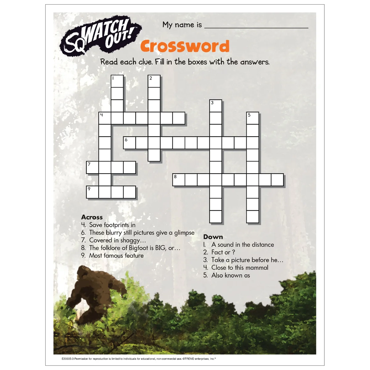 Free Printable Bigfoot Crossword Puzzle TREND Enterprises