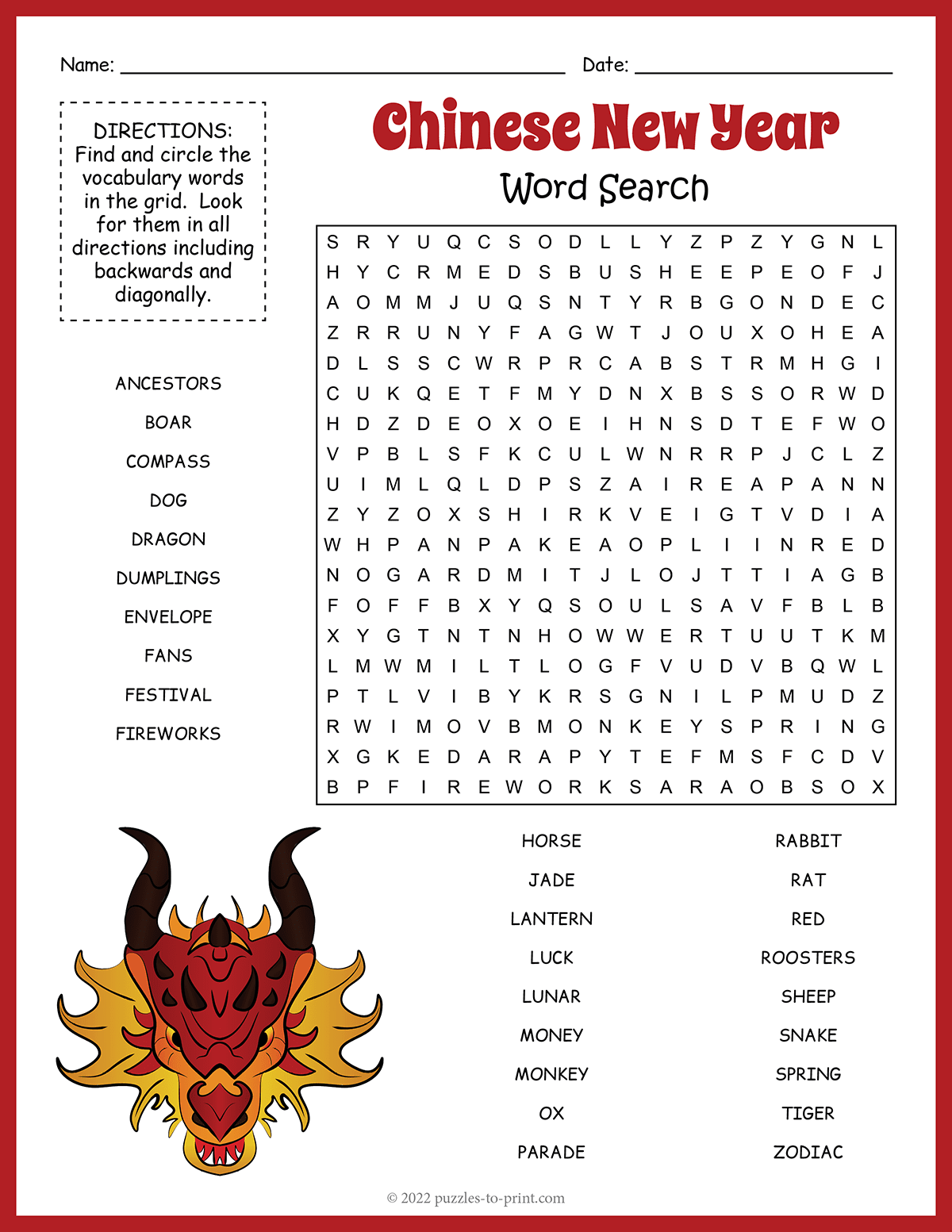 Free Printable Chinese New Year Word Search