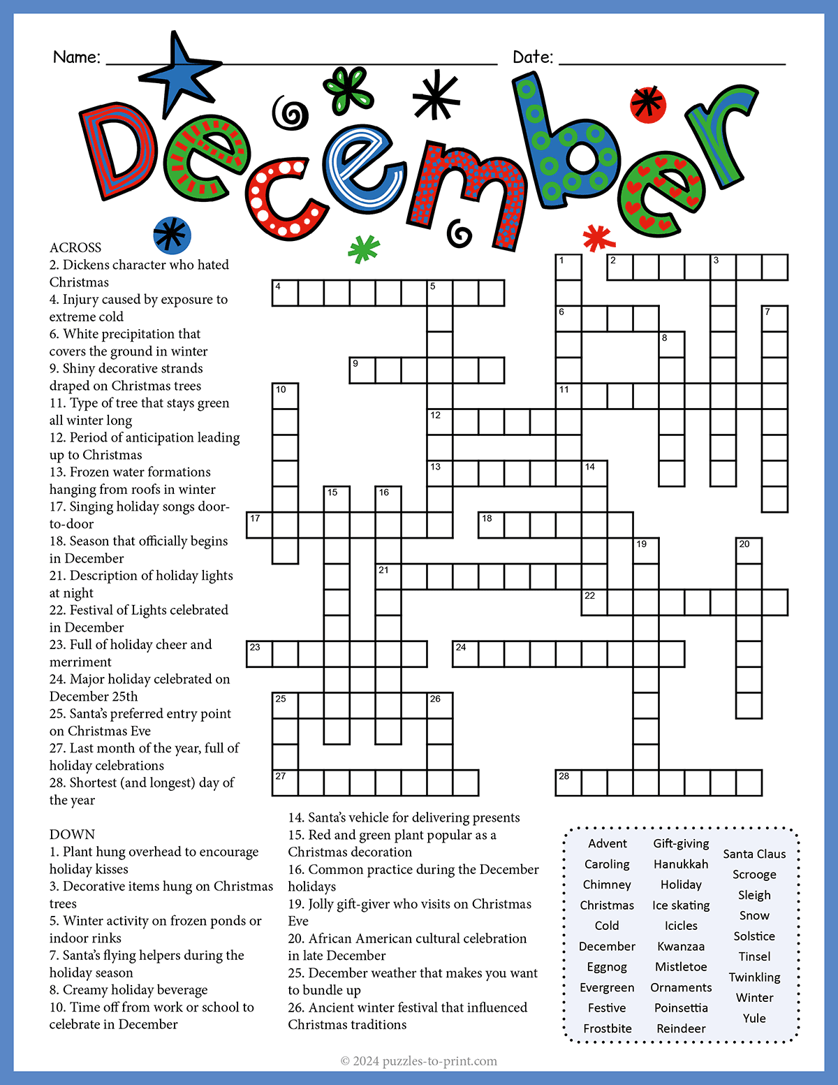 Free Printable December Crossword Free Printable December Crossword