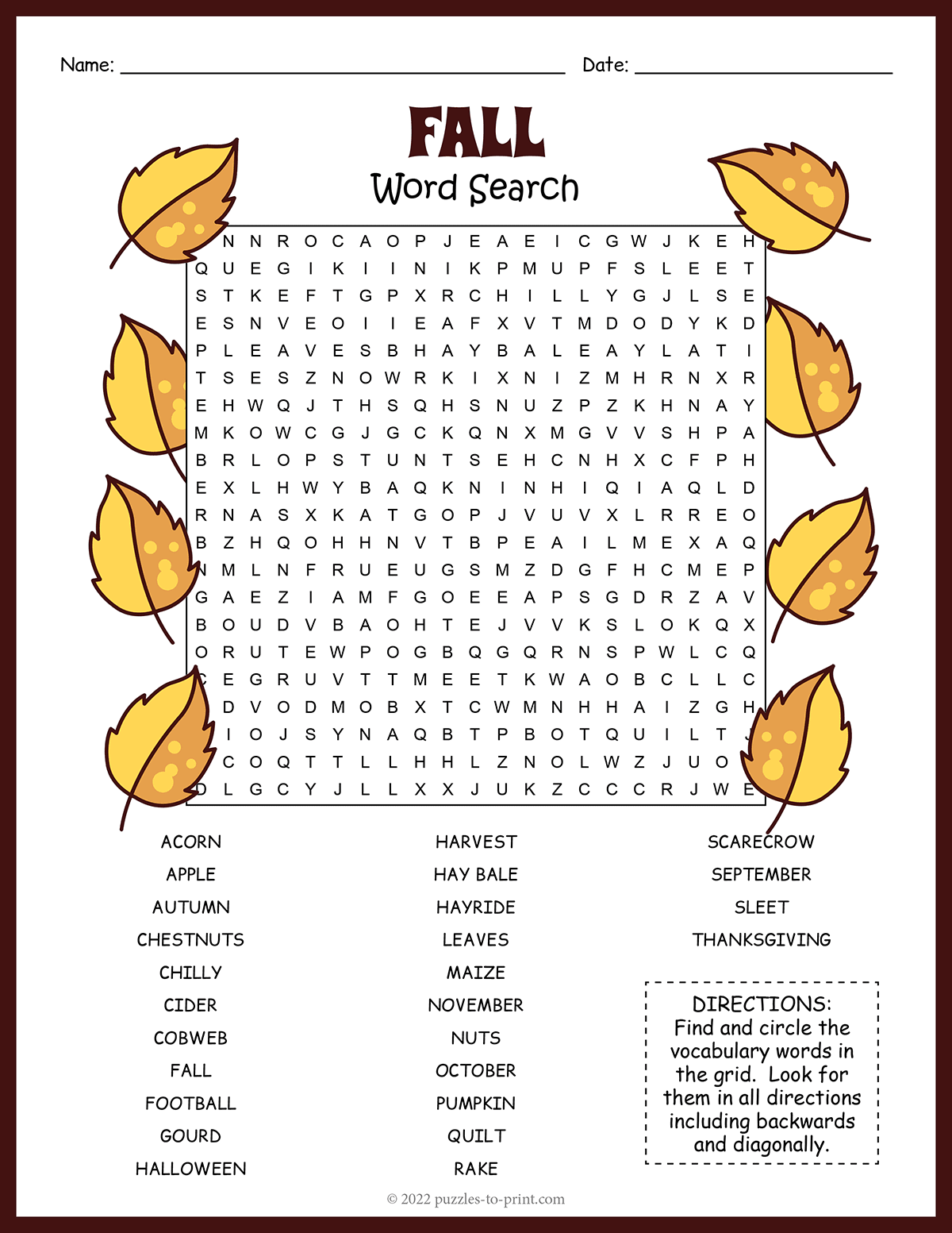 Free Printable Fall Word Search