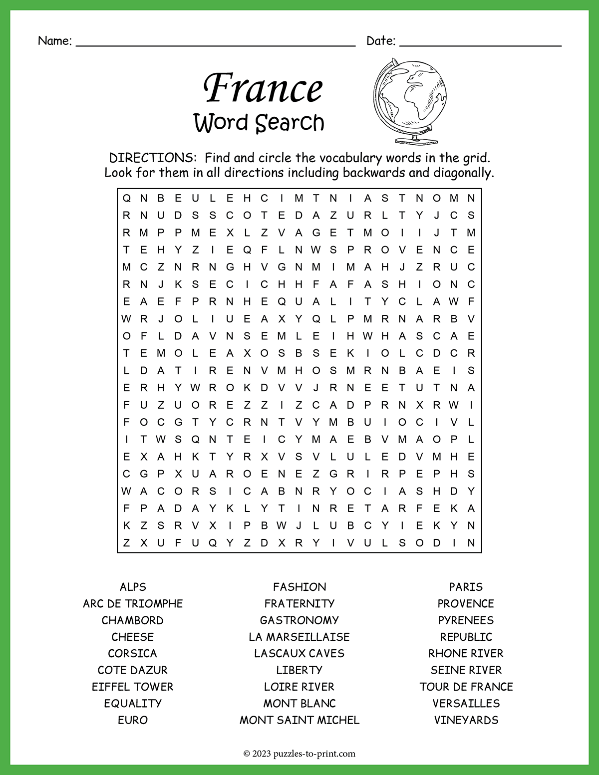 Free Printable France Word Search