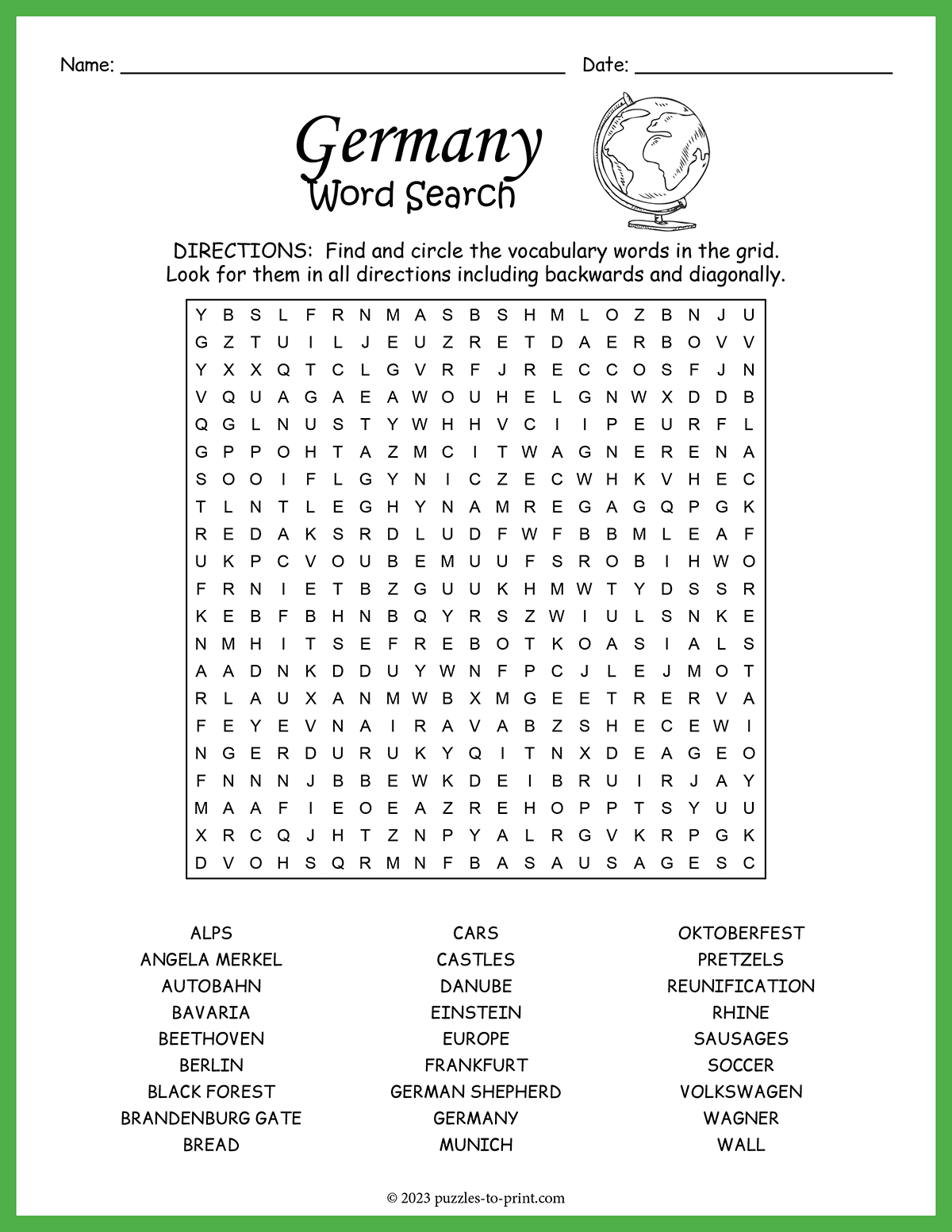 Free Printable Germany Word Search