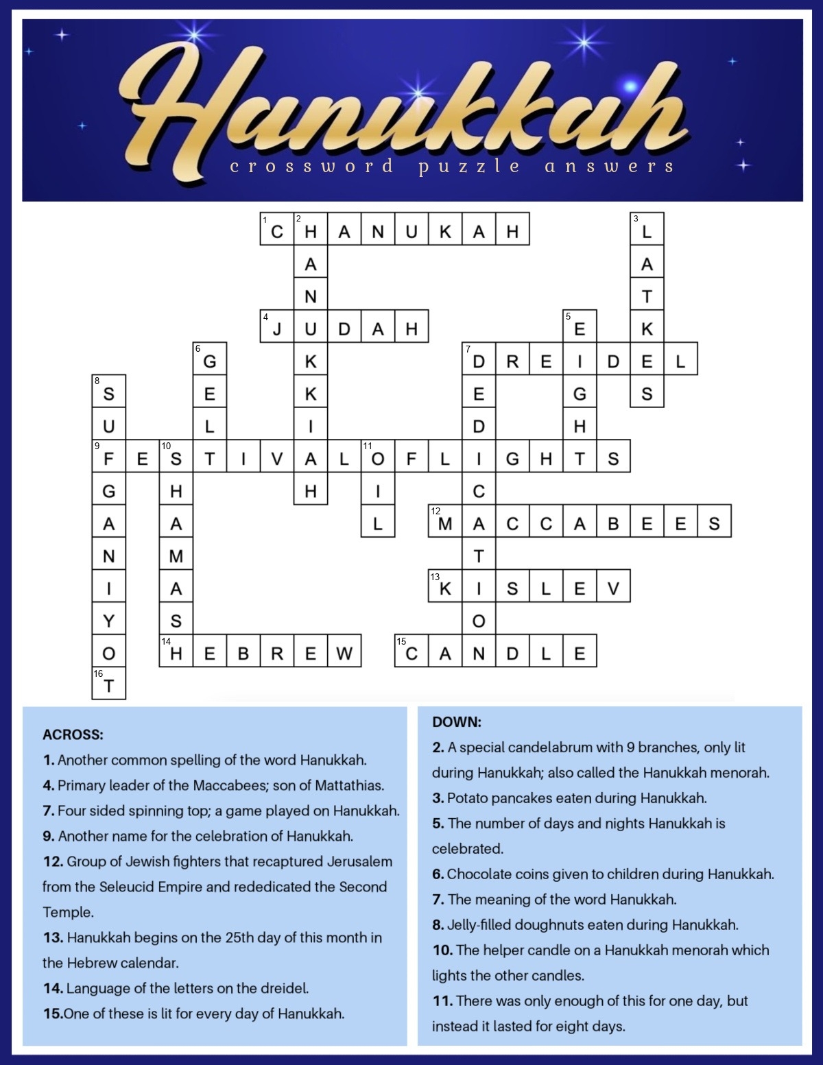Free Printable Hanukkah Crossword Puzzle PDF JPG