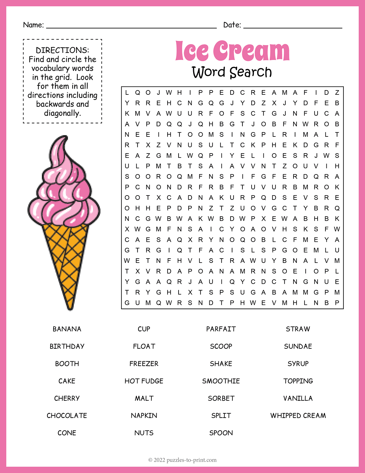 Free Printable Ice Cream Word Search