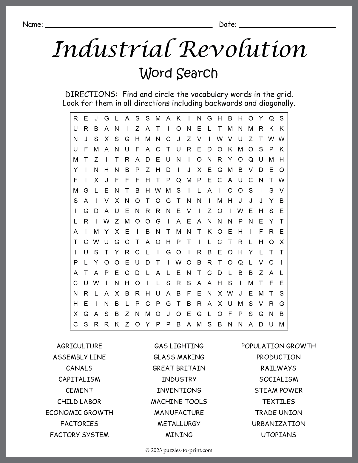 Free Printable Industrial Revolution Word Search