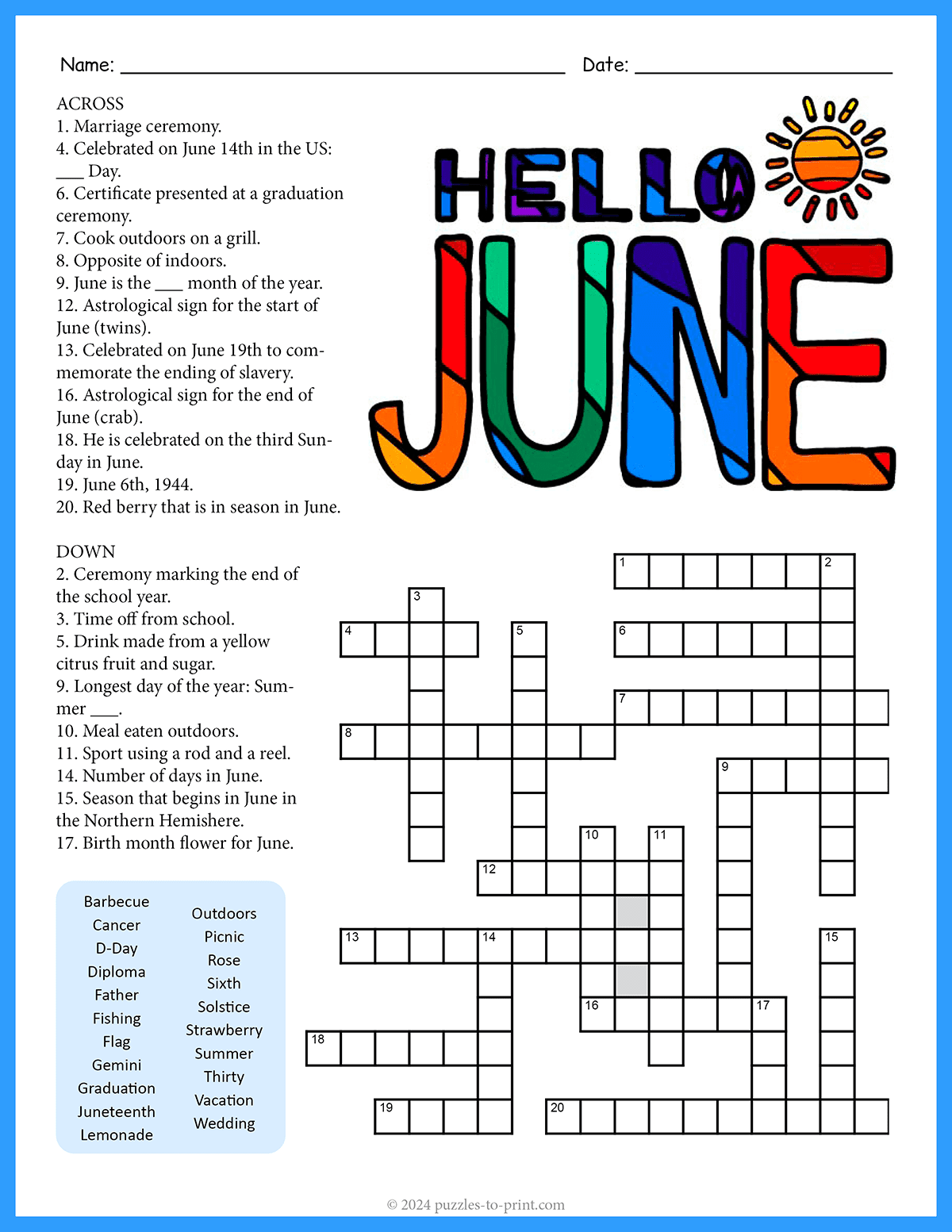 Free Printable June Crossword