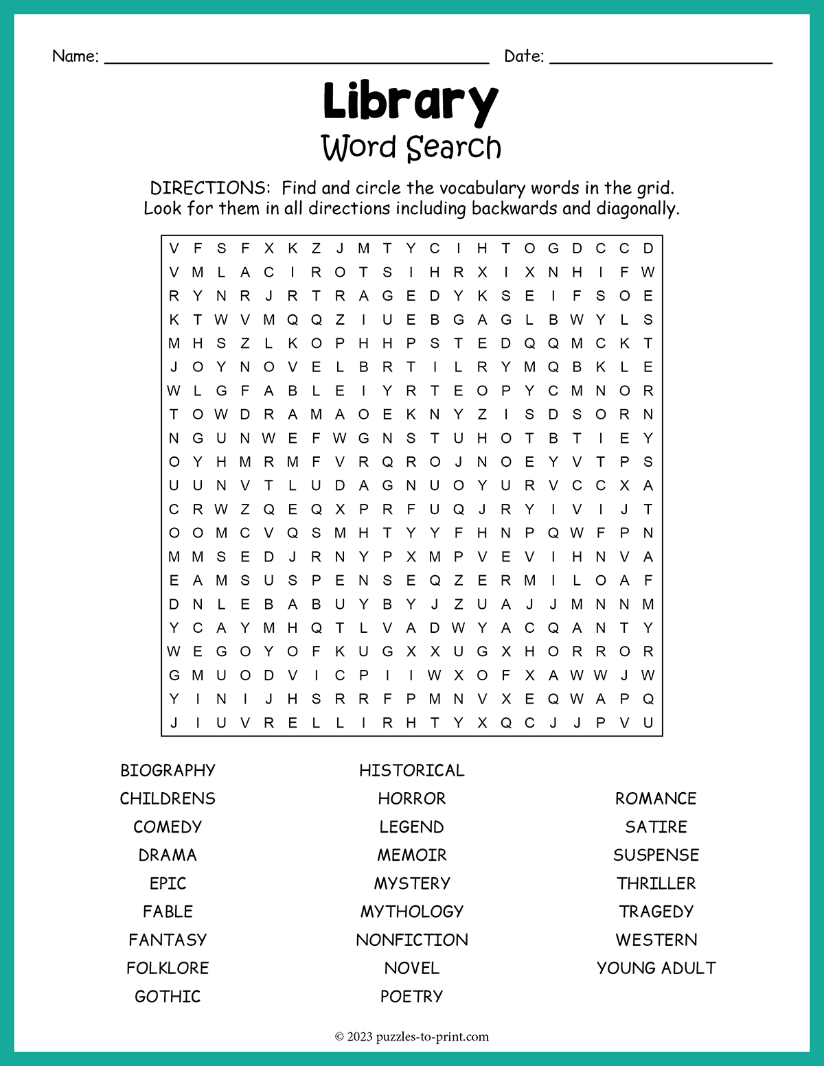Free Printable Library Word Search