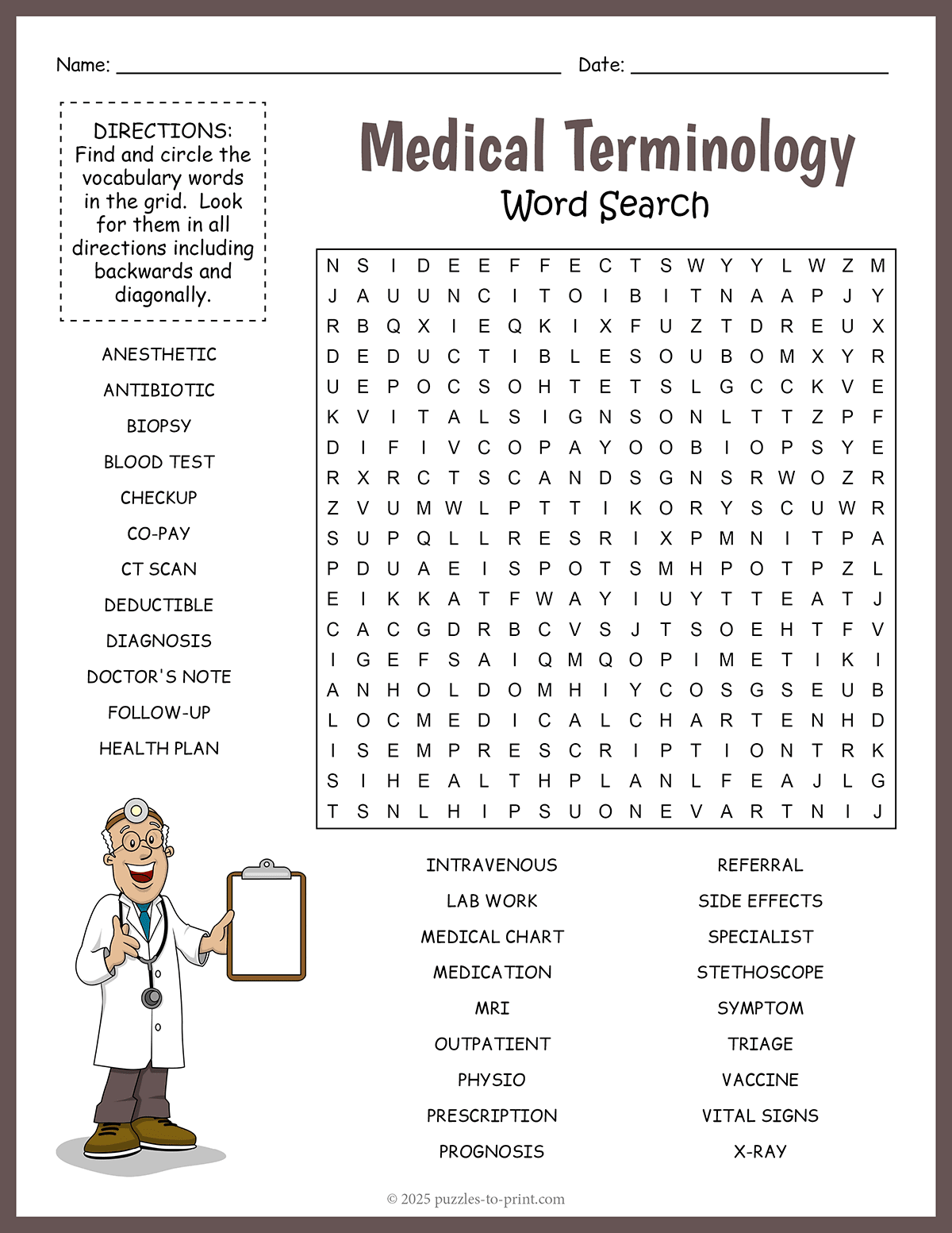 Free Printable Medical Terminology Word Search