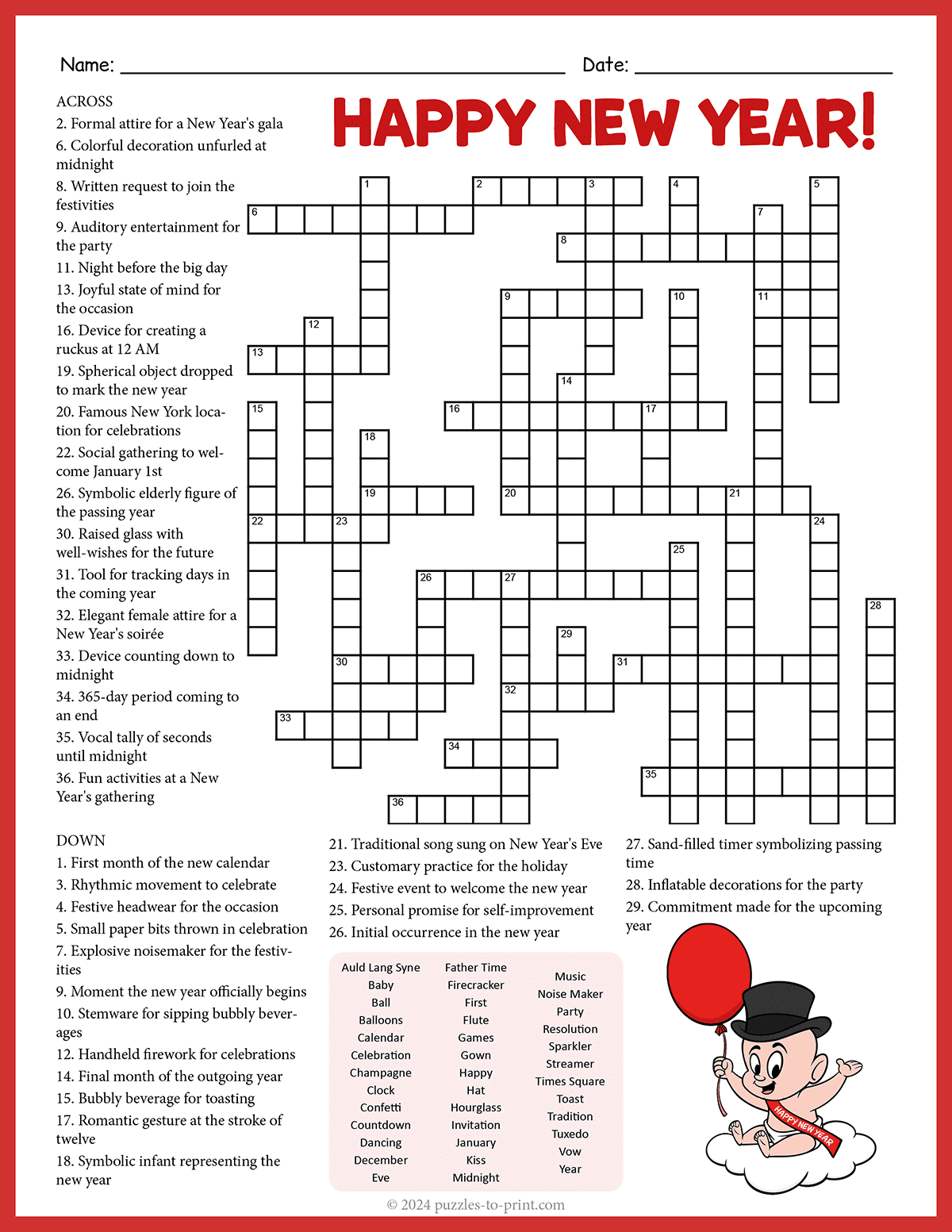 Free Printable New Years Crossword