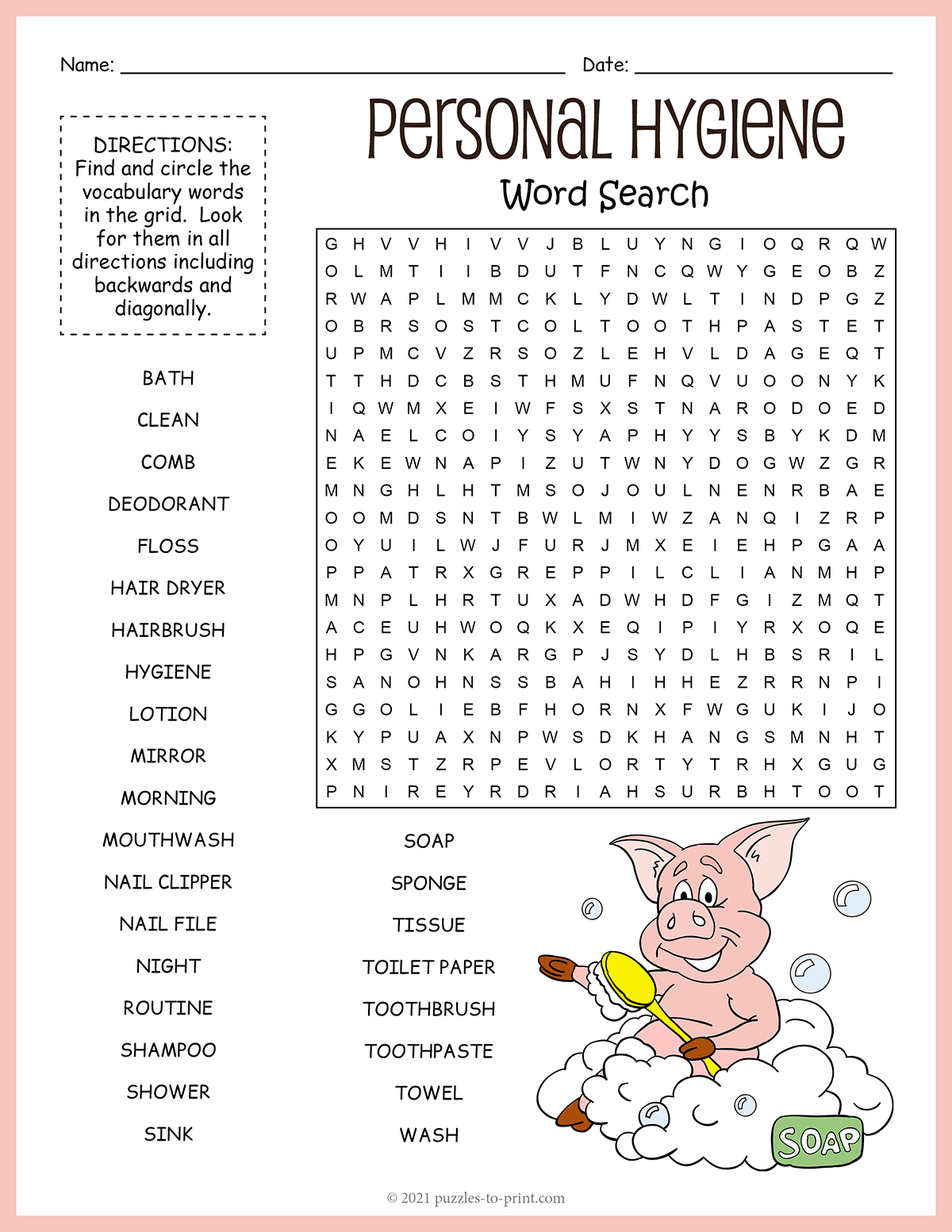 Free Printable Personal Hygiene Word Search