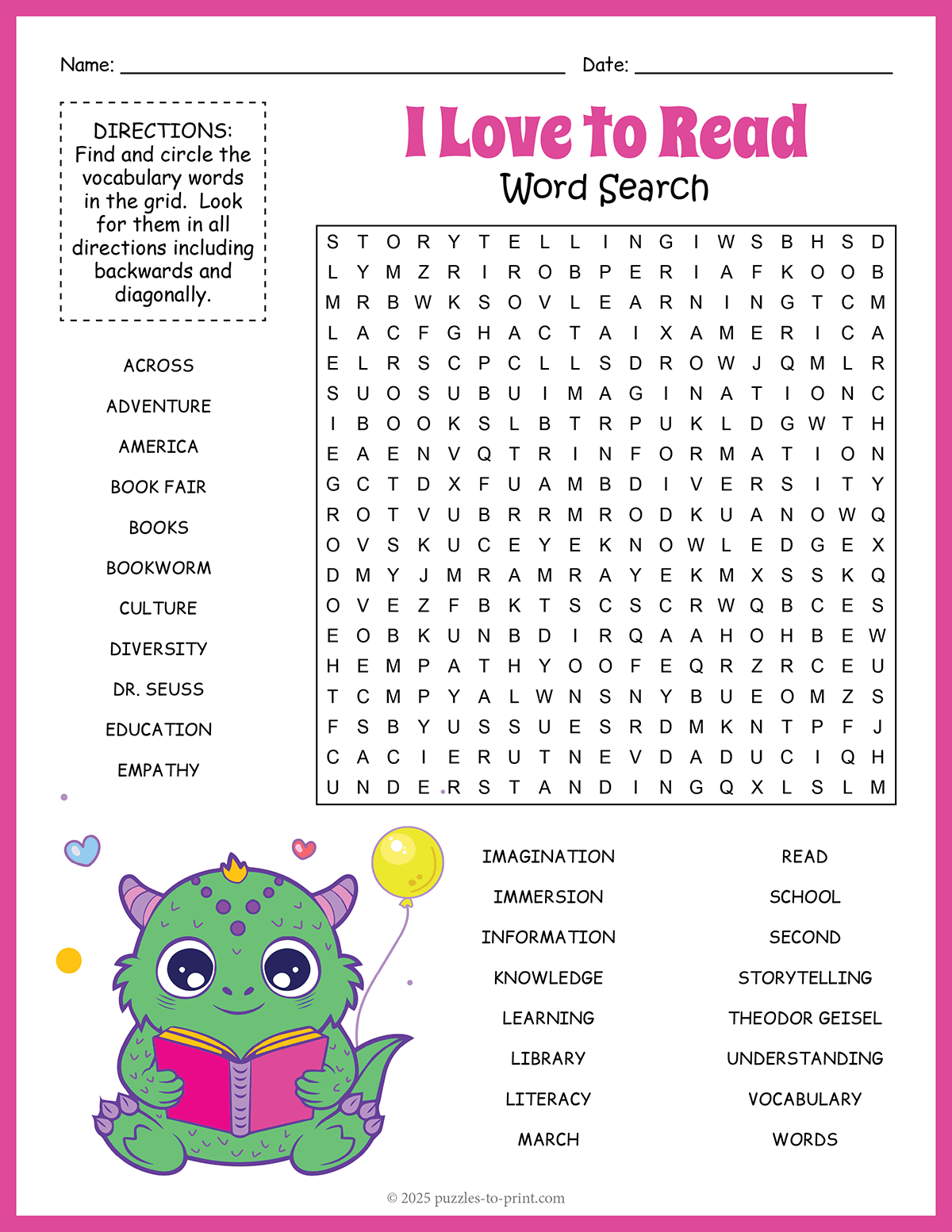 Free Printable Read Across America Word Search