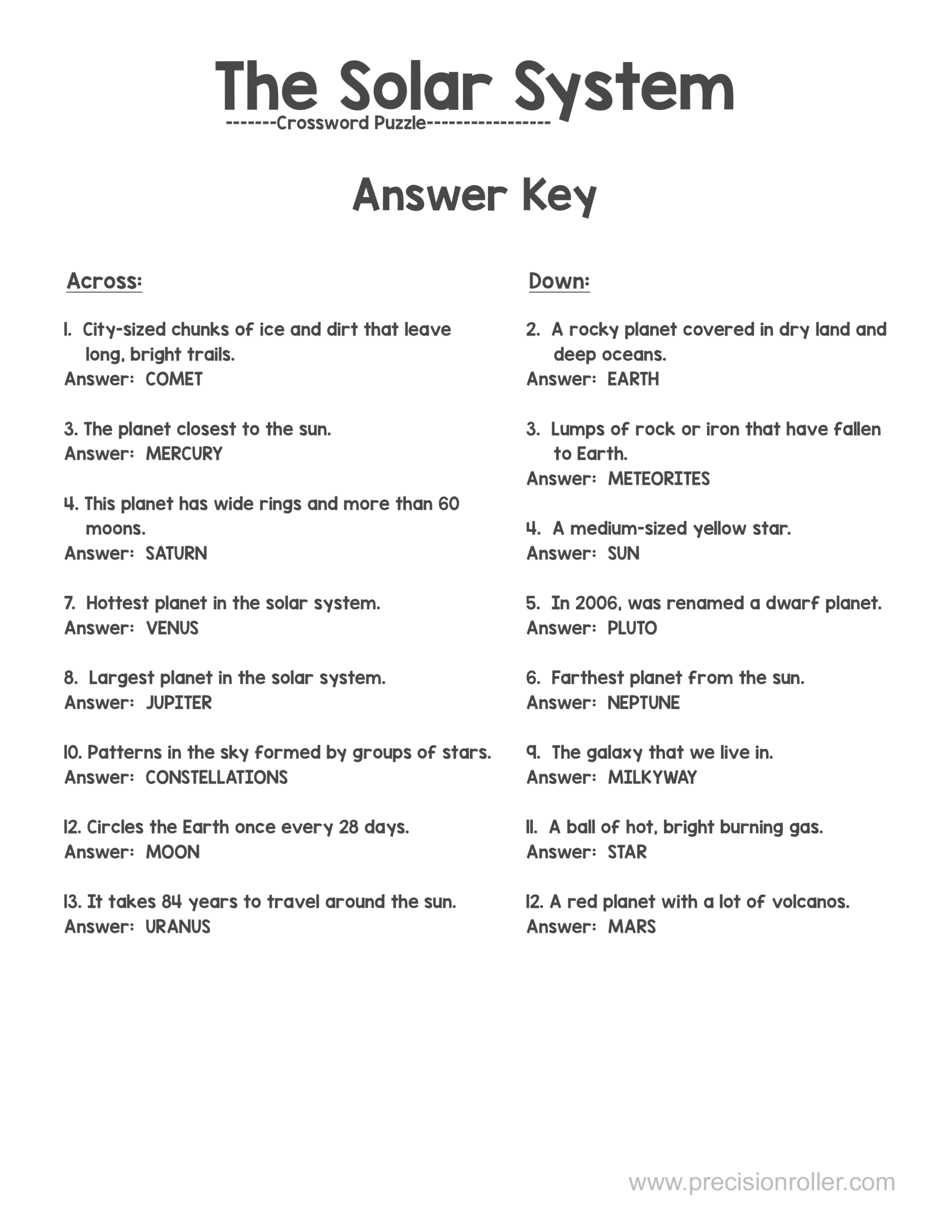 Free Printable Solar System Themed Crossword Puzzle Precision Printables