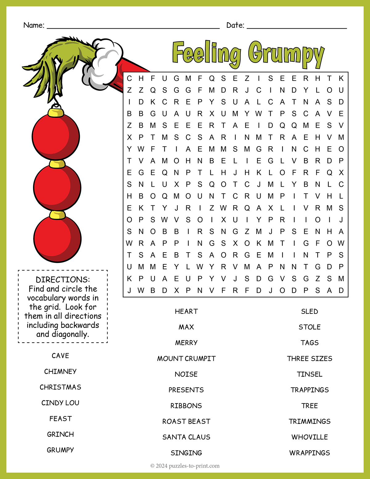 Free Printable The Grinch Word Search Free Printable The Grinch Word Search