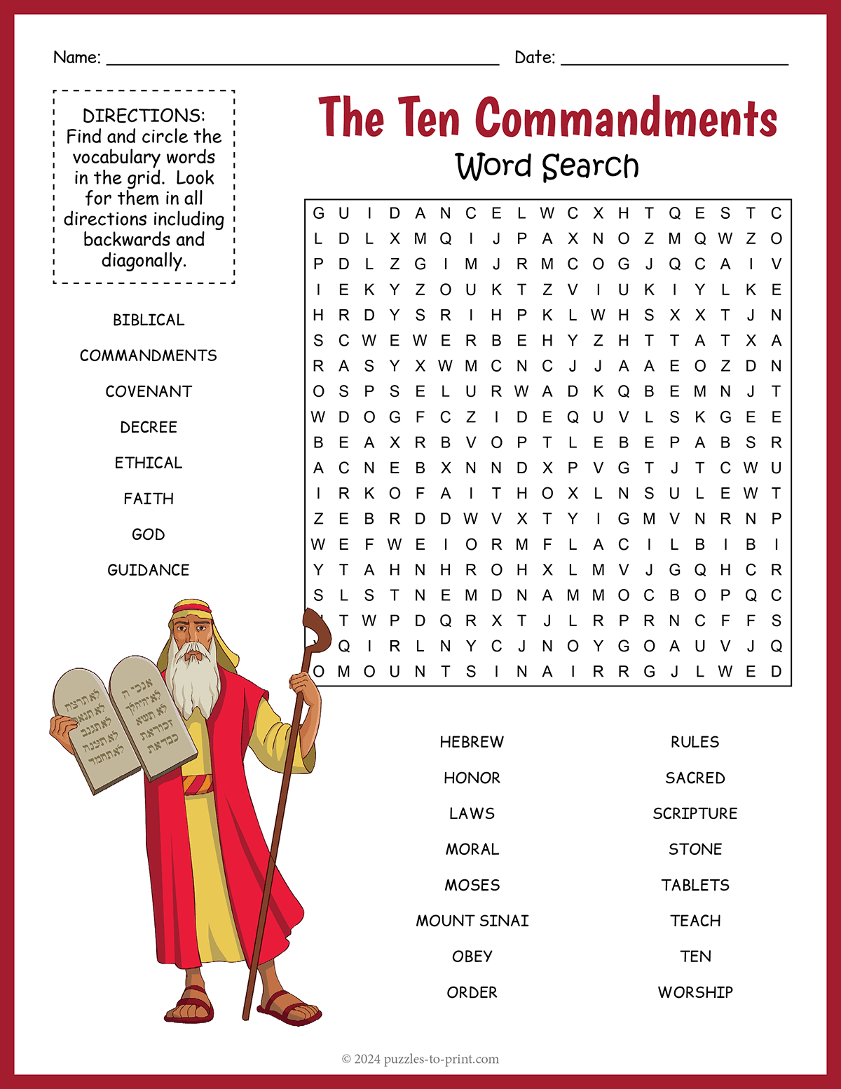 Free Printable The Ten Commandments Word Search