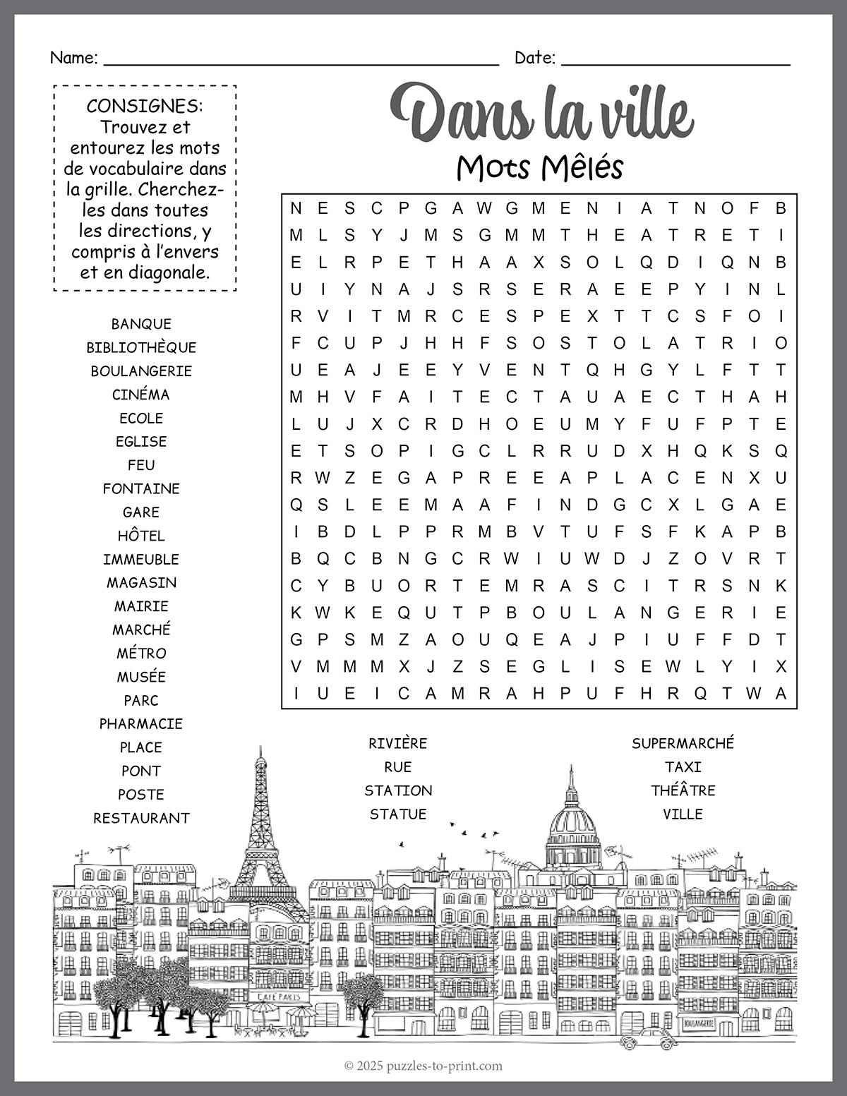 French City Vocabulary Word Search