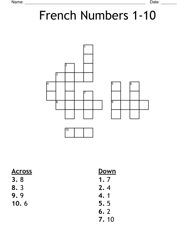 French Numbers 1 10 Crossword WordMint