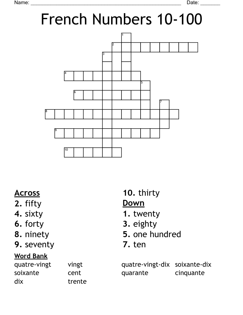 French Numbers 10 100 Crossword WordMint