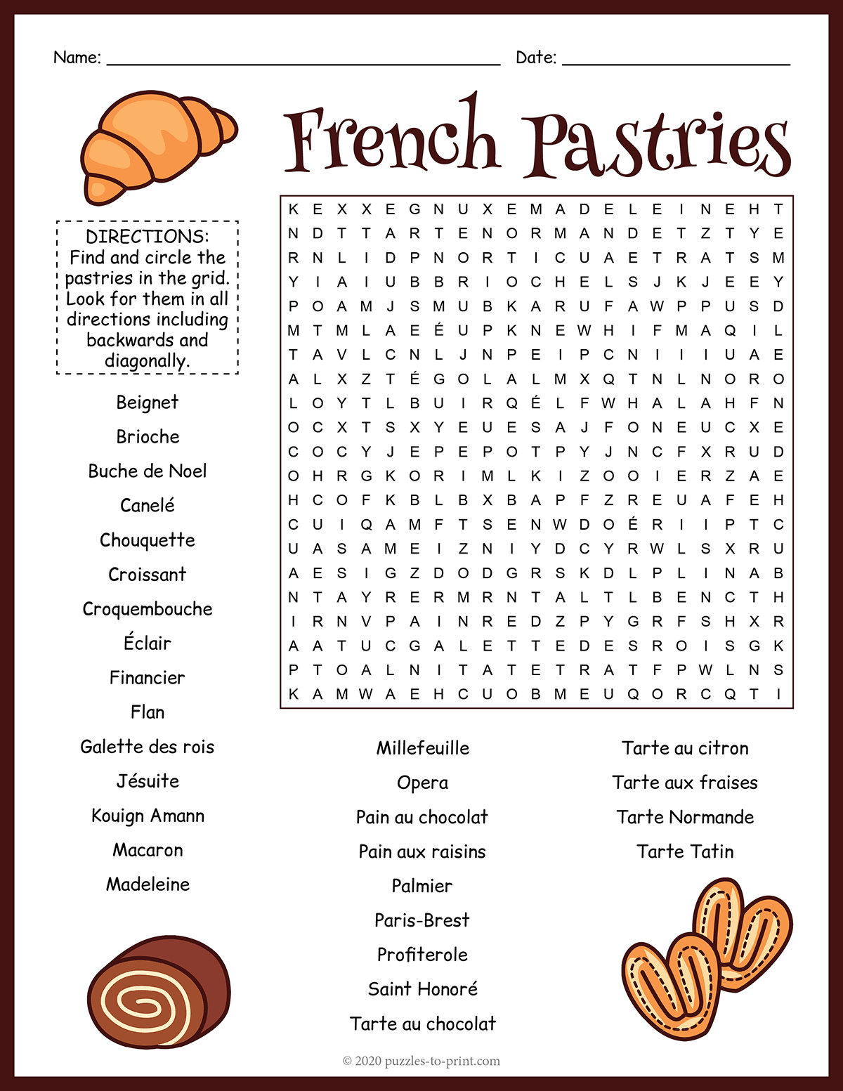 French Pastries Word Search French Pastries Word Search