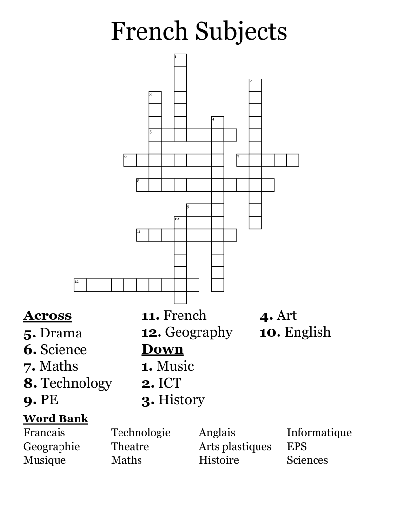 French Subjects Crossword WordMint French Subjects Crossword WordMint